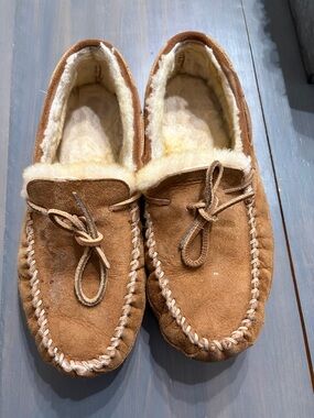 L.L. Bean Chestnut Suede Shearling-Lined Moccasin Slippers